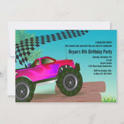 Monster Truck Red Birthday Party Invitation