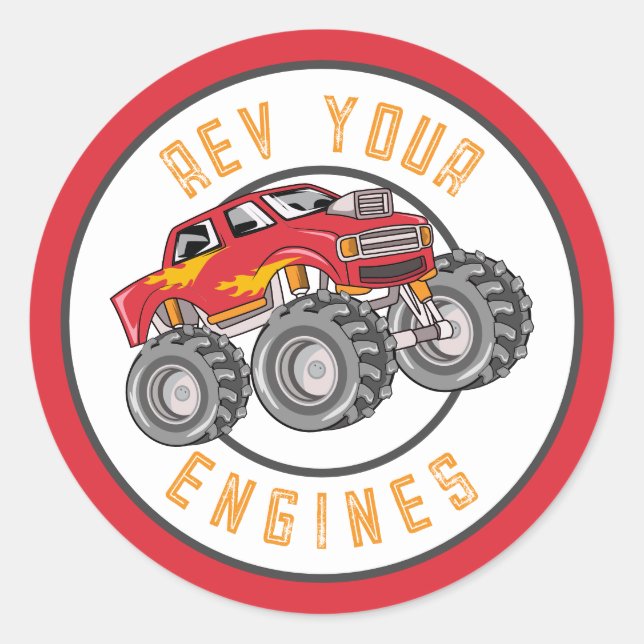 Monster Truck Rev Your Engines Birthday Party Classic Round Sticker (Front)