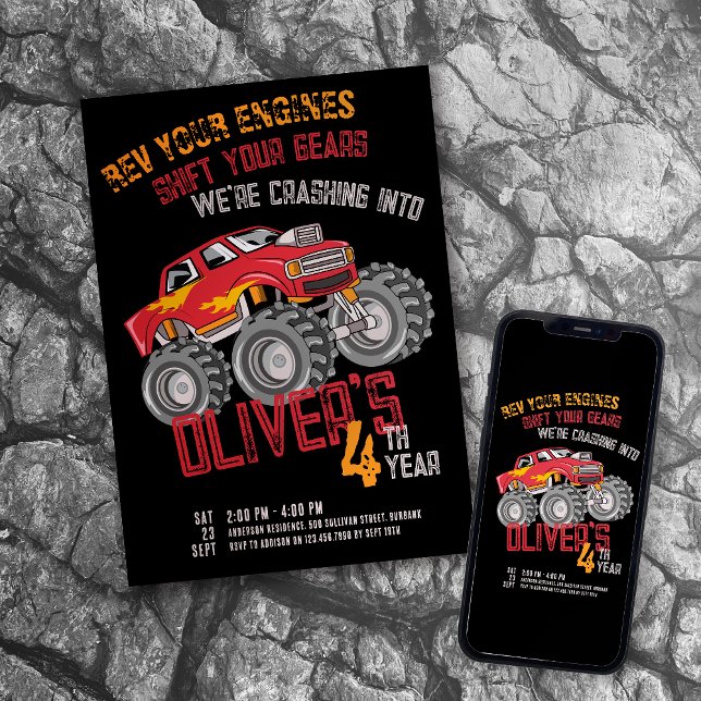 Monster Truck Rev Your Engines Birthday Party Invitation (Creator Uploaded)