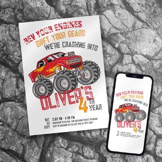 Monster Truck Rev Your Engines Birthday Party Invitation