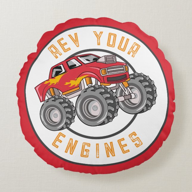Monster Truck Rev Your Engines Kid's Round Pillow (Front)