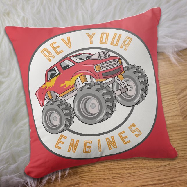 Monster Truck Rev Your Engines Kid's Throw Pillow (Creator Uploaded)
