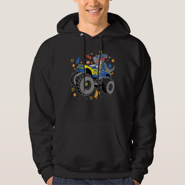 Monster Truck Rex Dinosaur Happy Hanukkah Jewish B Hoodie (Front)