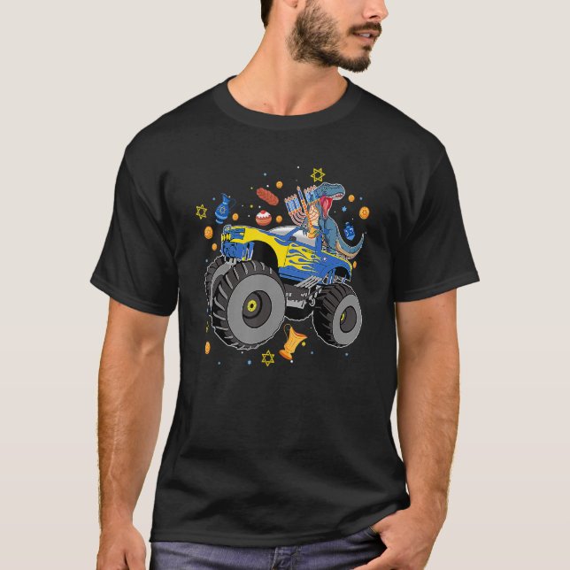 Monster Truck Rex Dinosaur Happy Hanukkah Jewish B T-Shirt (Front)
