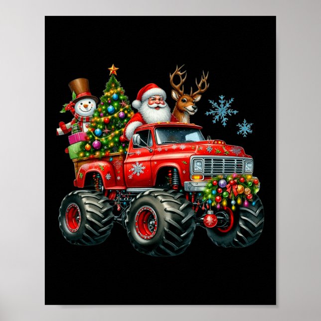 Monster Truck Santa Reindeer Christmas Tree Kids T Poster (Front)