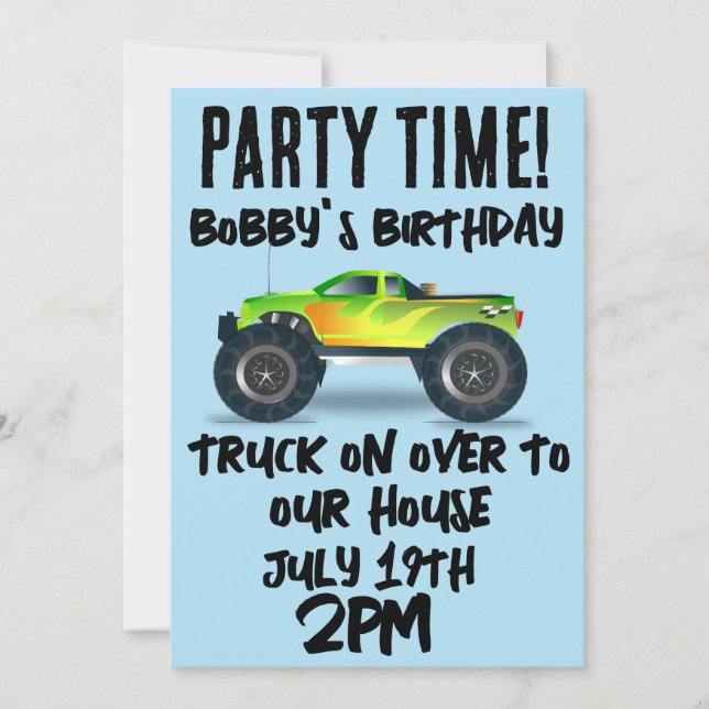 MONSTER TRUCK SCRIPT KIDS BIRTHDAY INVITATIONS (Front)
