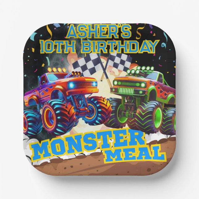 Monster Truck Showdown High-Speed Racing Square Paper Plates (Front)