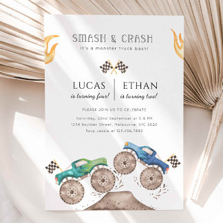 Monster Truck Siblings Joint Birthday Party Invitation