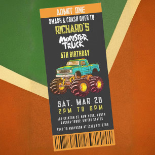 Monster Truck Smash and Rev Kids Birthday Party Invitation