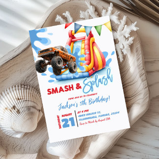 Monster Truck Smash and Splash Pool Party Birthday Invitation