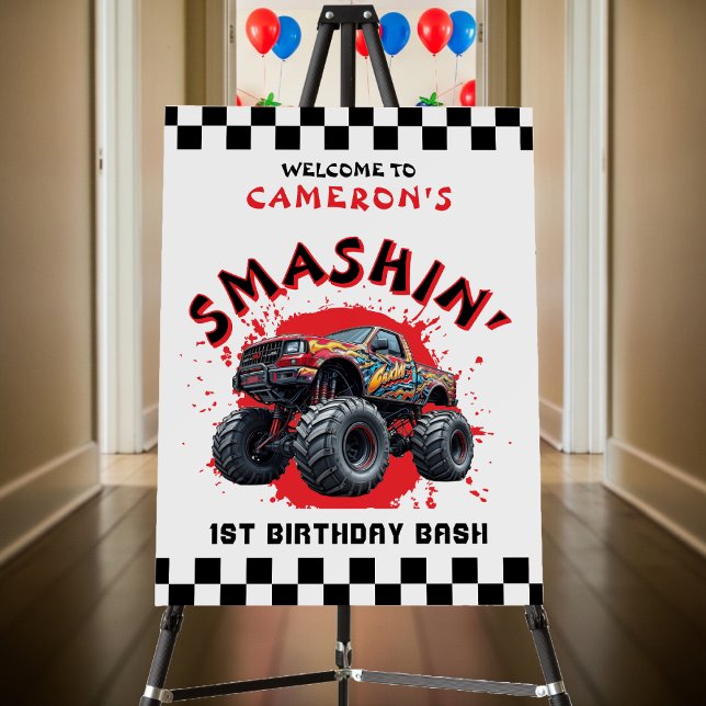 Monster Truck Smash Checkered 1st Birthday Welcome Foam Board (Monster Truck Smash Checkered Smashin' 1st Birthday Party Welcome Sign Foam Board
)