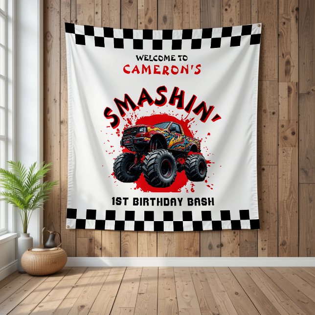 Monster Truck Smash Checkered 1st Birthday Welcome Tapestry (Monster Truck Smash Checkered 1st Birthday Welcome Tapestry
)