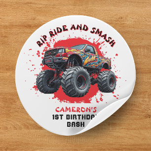 Monster Truck Smash Checkered Flag 1st Birthday Classic Round Sticker