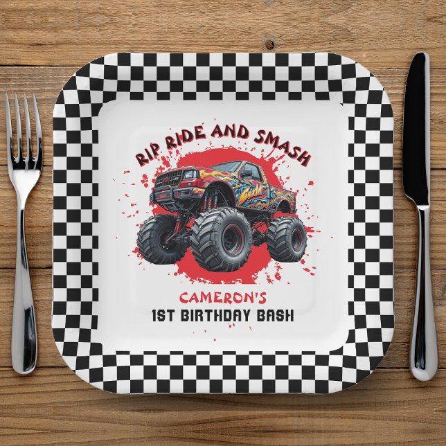 Monster Truck Smash Checkered Flag 1st Birthday Paper Plates (Monster Truck Smash Checkered Flag 1st Birthday Paper Plates
)