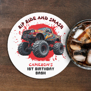 Monster Truck Smash Checkered Flag 1st Birthday Round Paper Coaster