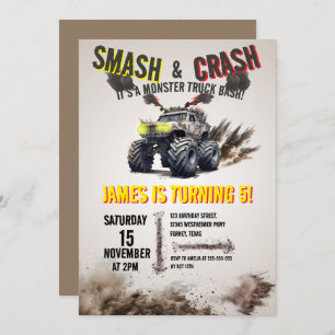 Monster Truck SMASH & CRASH Bash Birthday Party Invitation