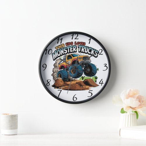 Monster Truck Soaring Over Dirt Pile Clock