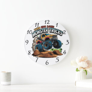 Monster Truck Soaring Over Dirt Pile Large Clock