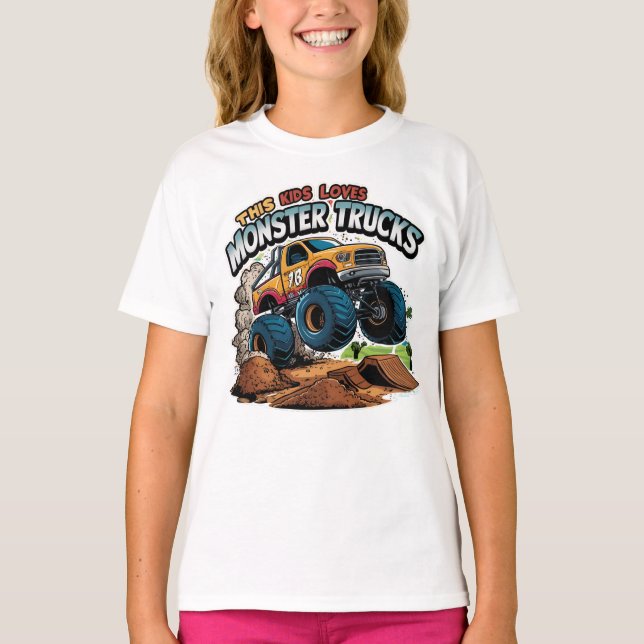 Monster Truck Soaring Over Dirt Pile T-Shirt (Front)