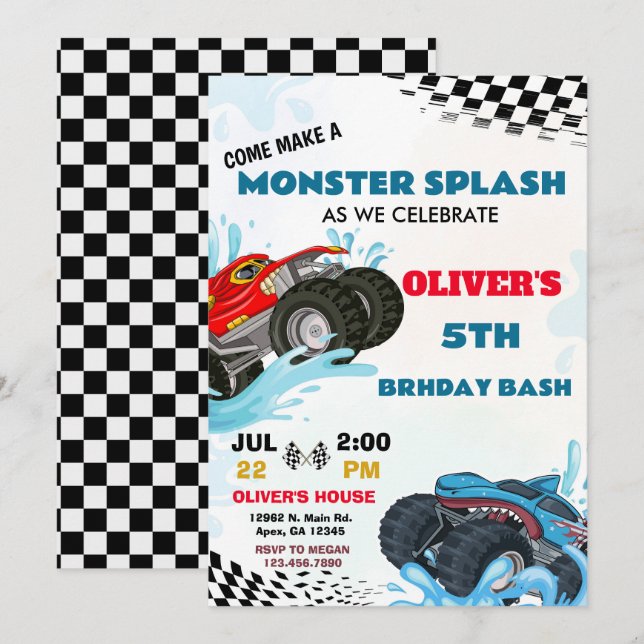 Monster Truck Splash Birthday Bash Party  Invitation (Front/Back)