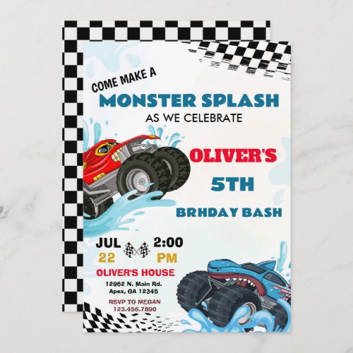 Monster Truck Splash Birthday Bash Party  Invitation