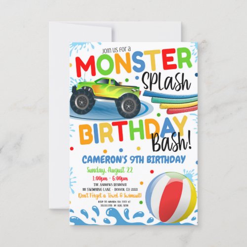 Monster Truck Splash Birthday Bash Party Invite