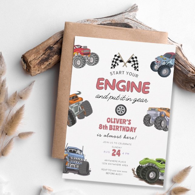 Monster truck, start your engine boy 8th birthday invitation (Creator Uploaded)