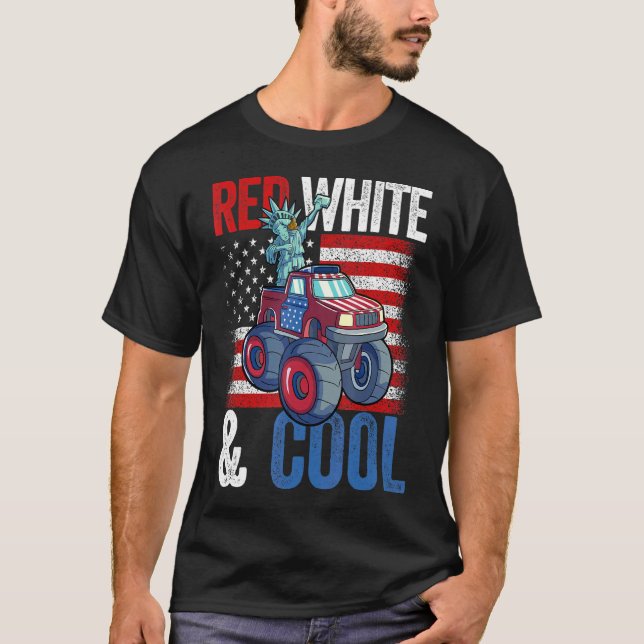 Monster Truck Statue Liberty 4th Of July Boys Amer T-Shirt (Front)