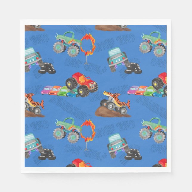 Monster Truck Stunts Watercolor Pattern Blue Napkins (Front)