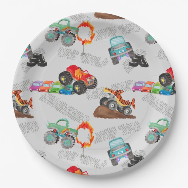 Monster Truck Stunts Watercolor Pattern Gray Paper Plates (Front)