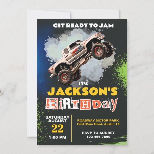 Monster Truck Theme Birthday Party Invitation (Front)