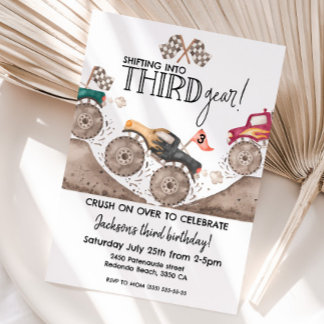 Monster Truck THIRD Gear 3rd birthday kids Invitation