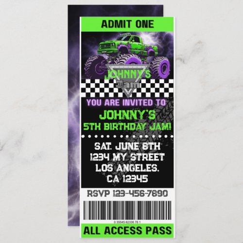 Monster Truck Ticket Birthday Invitation