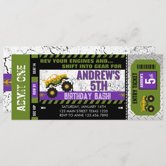 Monster Truck Ticket Birthday  Invitation (Front/Back)