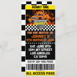 Monster Truck Ticket Birthday Invitation Orange
