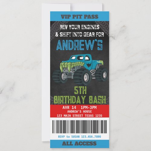 Monster Truck Ticket Birthday Party Invitation 