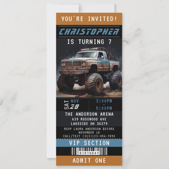 Monster Truck  Ticket Birthday Party Invitation (Front)