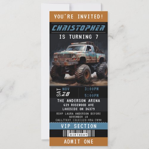 Monster Truck  Ticket Birthday Party Invitation