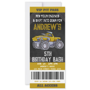Monster Truck Ticket Birthday Party Invitation