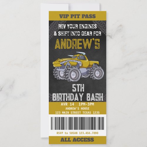 Monster Truck Ticket Birthday Party Invitation 
