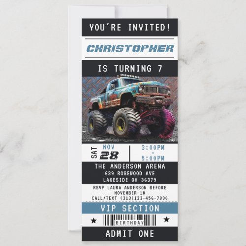 Monster Truck Ticket Boys Birthday Party Invitation