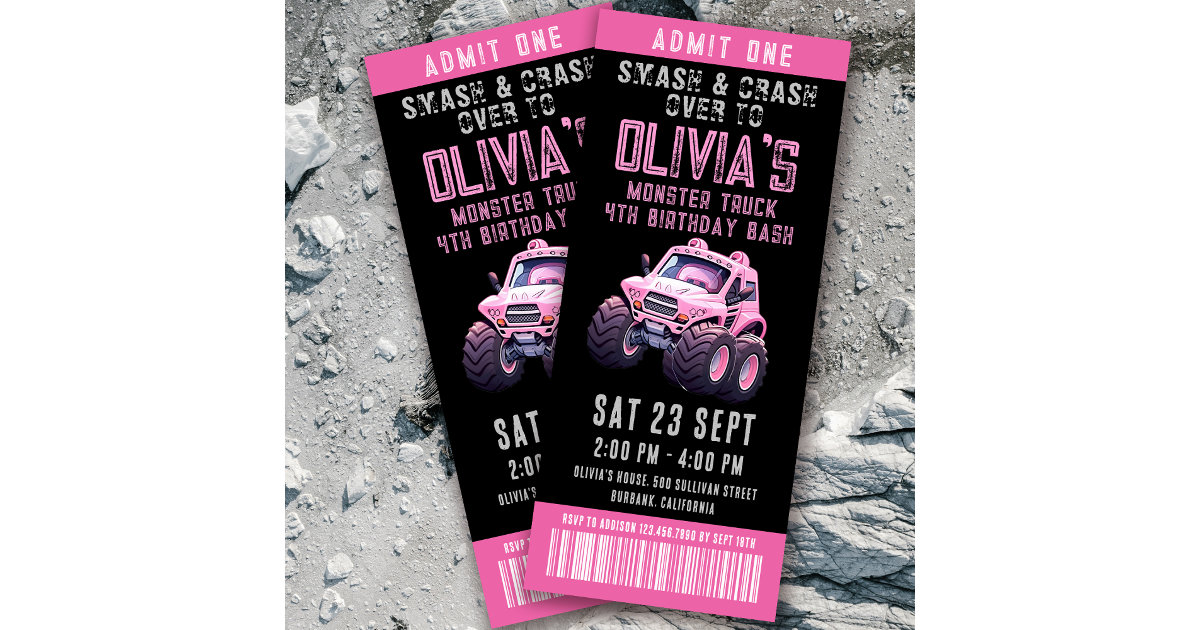 Monster Truck Ticket Girl s Birthday Party Invitation Zazzle monster-truck-ticket-girl-s-birthday-party-invitation-zazzle