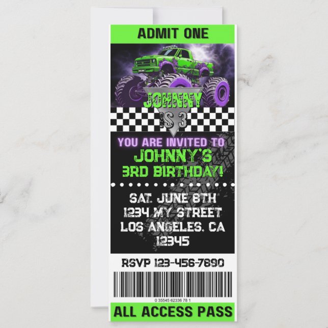 Monster Truck Ticket Invitation (Front)