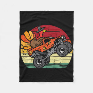 Monster Truck Turkey Sunset Retro Thanksgiving Boy Fleece Blanket