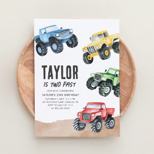 Monster Truck Two Fast Boy 2nd Birthday Invitation
