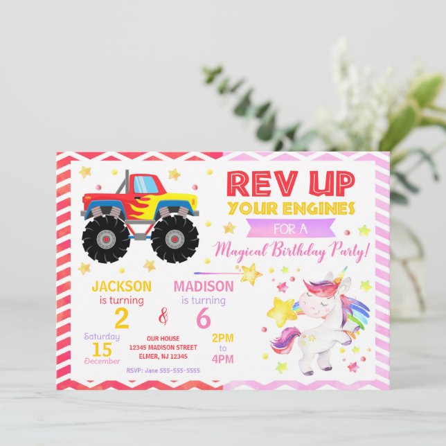 Monster Truck & Unicorn Joint Birthday Invitation (Standing Front)