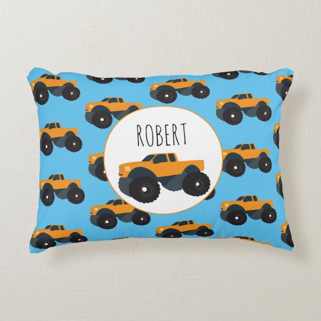 Monster Truck Vehicle Custom Boys Name Accent Pillow (Front)
