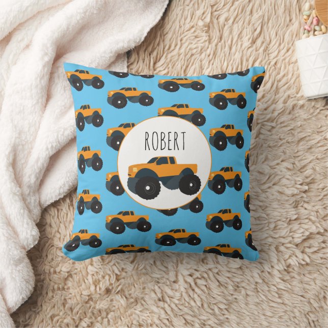 Monster Truck Vehicle Custom Boys Name Throw Pillow (Blanket)