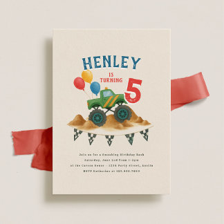 Monster Truck Watercolor Kids Birthday Party Invitation