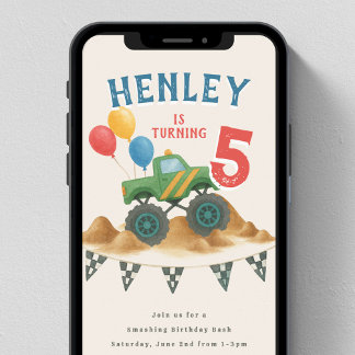 Monster Truck Watercolor Kids Birthday Party Invitation